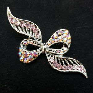 Vintage Pink AB Rhinestone Silver Tone Bow Brooch